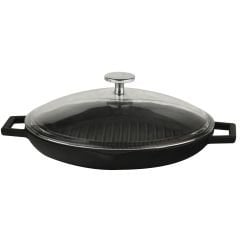 Lava Döküm Yuvarlak Izgara Tavası Cam Kapaklı Çap(Ø)30cm. Döküm Demir Yekpare Çift Kulplu