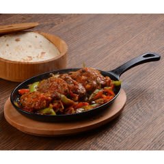 Lava Döküm Oval Fajita Tabağı Döküm Demir Yekpare Saplı Kayın Servis Ahşabı Ölçü 17x23cm.