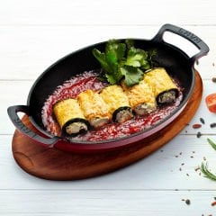 Lava Döküm Oval Sahan Ölçü 27x20cm. Döküm Demir Yekpare Çift Kulplu Kayın Servis Ahşabı - Kırmızı