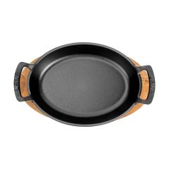 Lava Döküm Oval Sahan Ölçü 27x20cm. Döküm Demir Yekpare Çift Kulplu Kayın Servis Ahşabı - Kırmızı