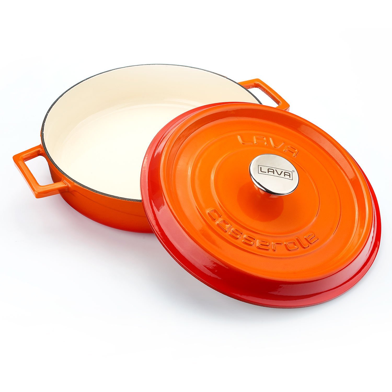 Lava Casting Multi-Purpose Flat Pot (Ø)28 cm. Interior Cream, Edition Series Orange