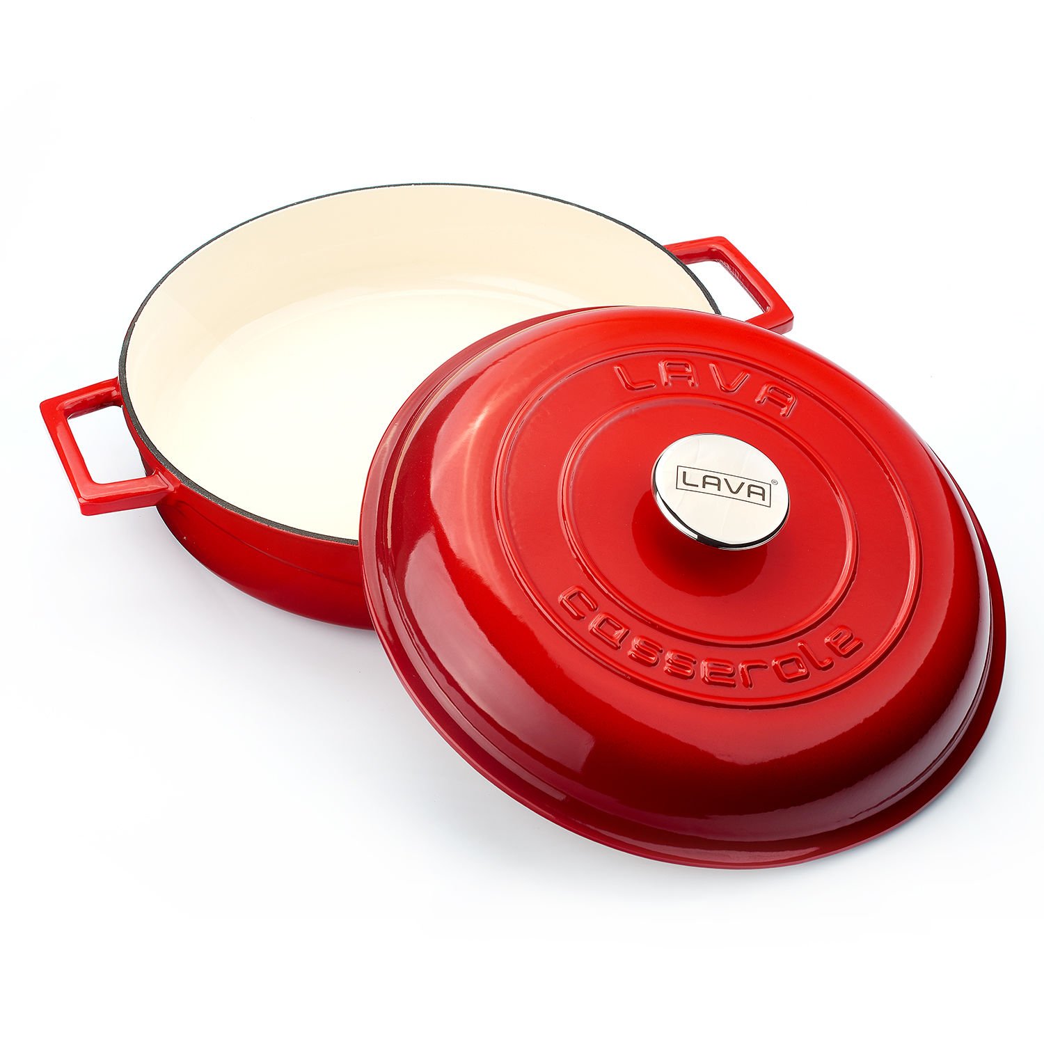 Lava Casting Multi-Purpose Flat Pot Diameter (Ø)28cm. Cast Iron Solid Handled Dome Form Covered Edition Series - Red