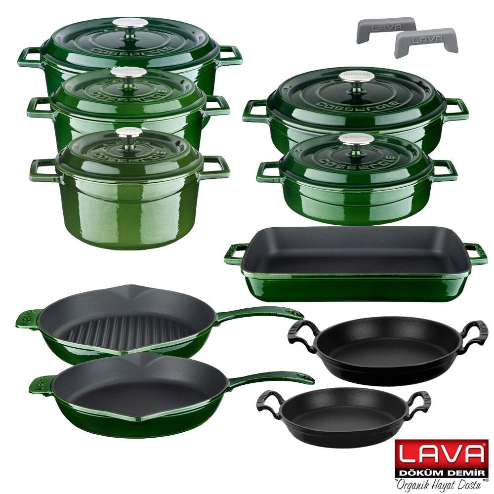 Lava Döküm Majolica Yeşil 10 Parça Tencere Tava Seti Silikon Tutacak ve Ahşap Kaşık Hediyeli