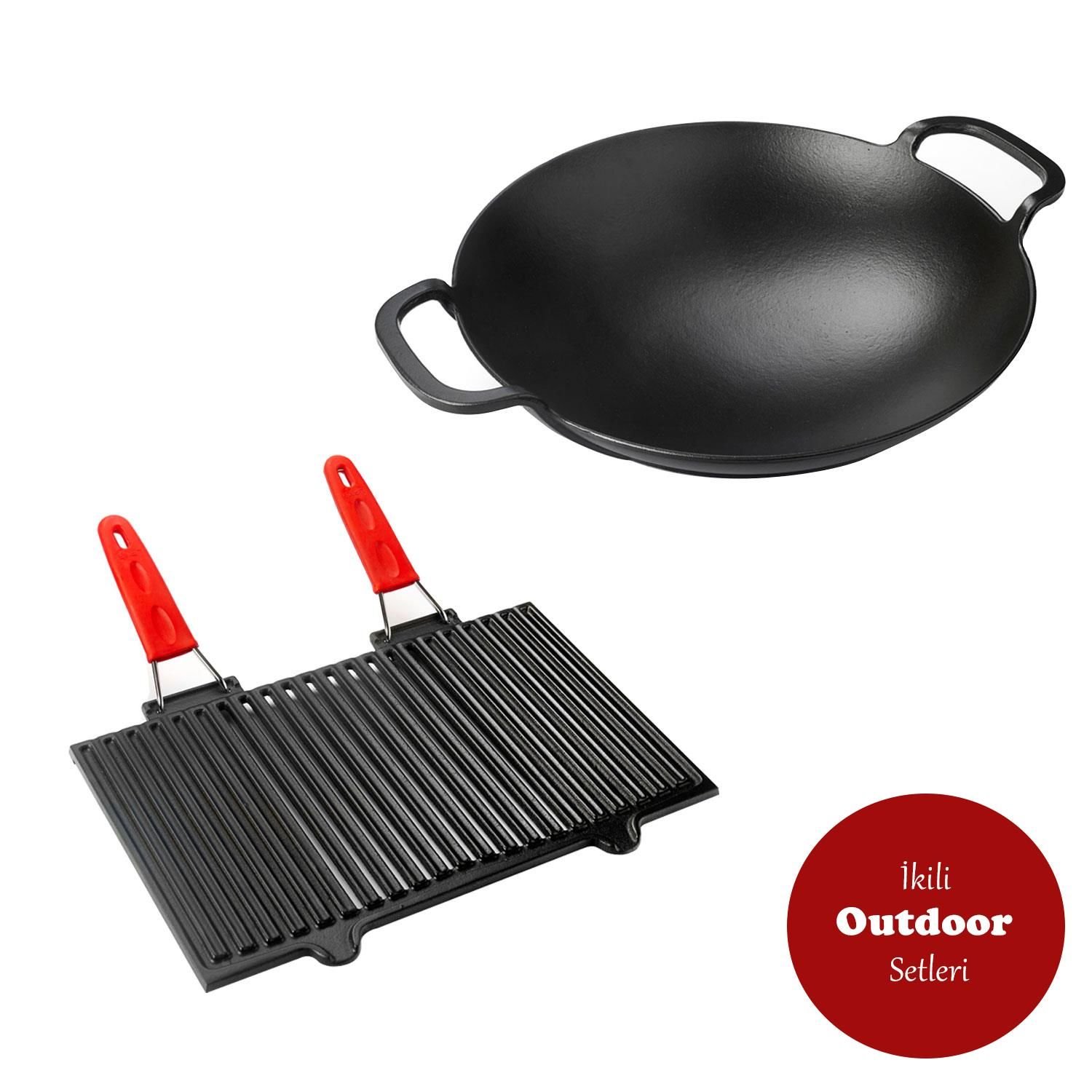 Lava Döküm 2'li Avantajlı Outdoor Seti - 40x25 cm Mangal Izgara + 38 cm Wok Tava Ahşap Kaşık Hediyeli