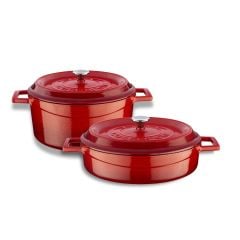 Lava Döküm 24 cm Yuvarlak Derin ve Sığ İkili Tencere Seti Kırmızı