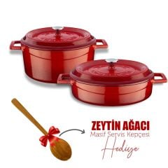 Lava Döküm 24 cm Yuvarlak Derin ve Sığ İkili Tencere Seti Kırmızı