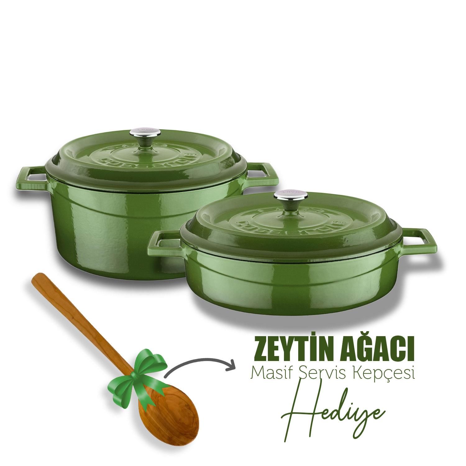 Lava Döküm Yuvarlak Derin ve Sığ İkili Tencere Seti Yeşil