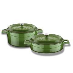 Lava Döküm Yuvarlak Derin ve Sığ İkili Tencere Seti Yeşil