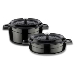 Lava Döküm 24 cm Yuvarlak Derin ve Sığ İkili Tencere Seti Siyah