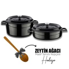 Lava Döküm 24 cm Yuvarlak Derin ve Sığ İkili Tencere Seti Siyah