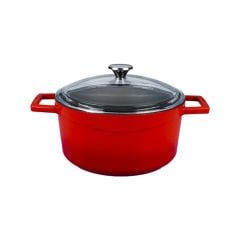 Lava Döküm Yuvarlak Tencere Çap(Ø)24cm. Cam Kapaklı. Glaze Kırmızı