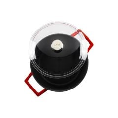 Lava Döküm Yuvarlak Tencere Çap(Ø)24cm. Cam Kapaklı. Glaze Kırmızı