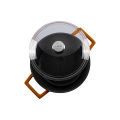 Lava Döküm Yuvarlak Tencere Çap(Ø)24cm. Cam Kapaklı. Glaze Turuncu