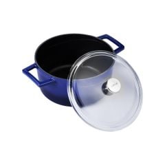 Lava Döküm Yuvarlak Tencere Çap(Ø)24cm. Cam Kapaklı. Glaze Mavi