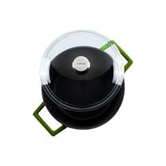 Lava Döküm Yuvarlak Tencere Çap(Ø)24cm. Cam Kapaklı. Glaze Yeşil