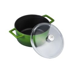 Lava Döküm Yuvarlak Tencere Çap(Ø)24cm. Cam Kapaklı. Glaze Yeşil
