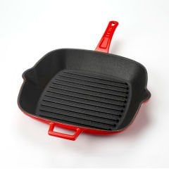 Lava Döküm Kare Izgara Tava Ölçü 26x26cm. Döküm Demir Yekpare Saplı - Kırmızı