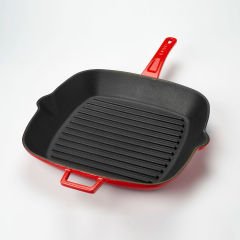 Lava Döküm Kare Izgara Tava Ölçü 28x28cm. Döküm Demir Yekpare Saplı  - Kırmızı