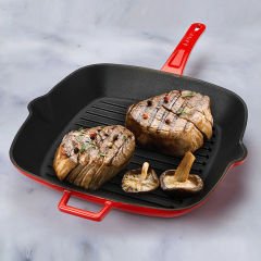Lava Döküm Kare Izgara Tava Ölçü 28x28cm. Döküm Demir Yekpare Saplı  - Kırmızı