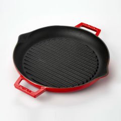 Lava Casting Round Grill Pan Diameter (Ø)26cm. Cast Iron Solid Double Handle - Red