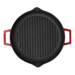 Lava Casting Round Grill Pan Diameter (Ø)26cm. Cast Iron Solid Double Handle - Red