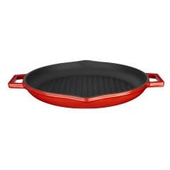 Lava Döküm Yuvarlak Izgara Tavası Çap(Ø)30cm. Döküm Demir Yekpare Çift Kulplu - Kırmızı