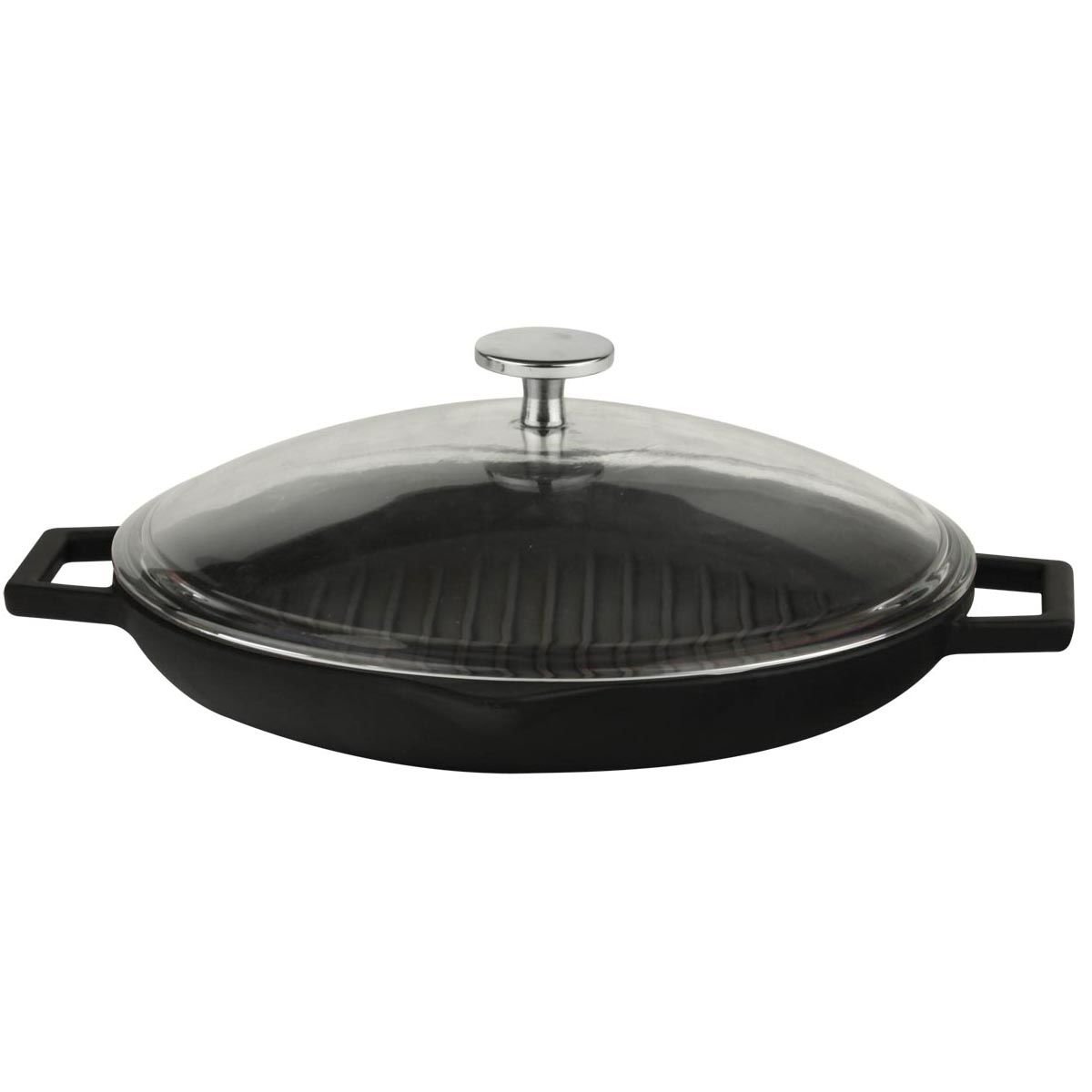 Lava Döküm Yuvarlak Izgara Tavası Cam Kapaklı Çap(Ø)30cm. Döküm Demir Yekpare Çift Kulplu