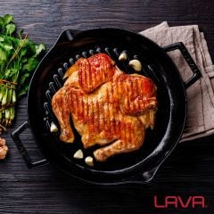 Lava Döküm Yuvarlak Izgara Tavası Cam Kapaklı Çap(Ø)30cm. Döküm Demir Yekpare Çift Kulplu