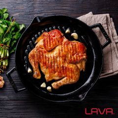 Lava Döküm Yuvarlak Izgara Tavası Cam Kapaklı Çap(Ø)30cm. Döküm Demir Yekpare Çift Kulplu