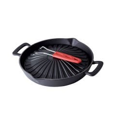 Lava Döküm Yuvarlak Grill Izgara Tavası Çap(Ø)32cm. Genghis Khan Serisi Çift Kulp ve Silikon Tel Saplı