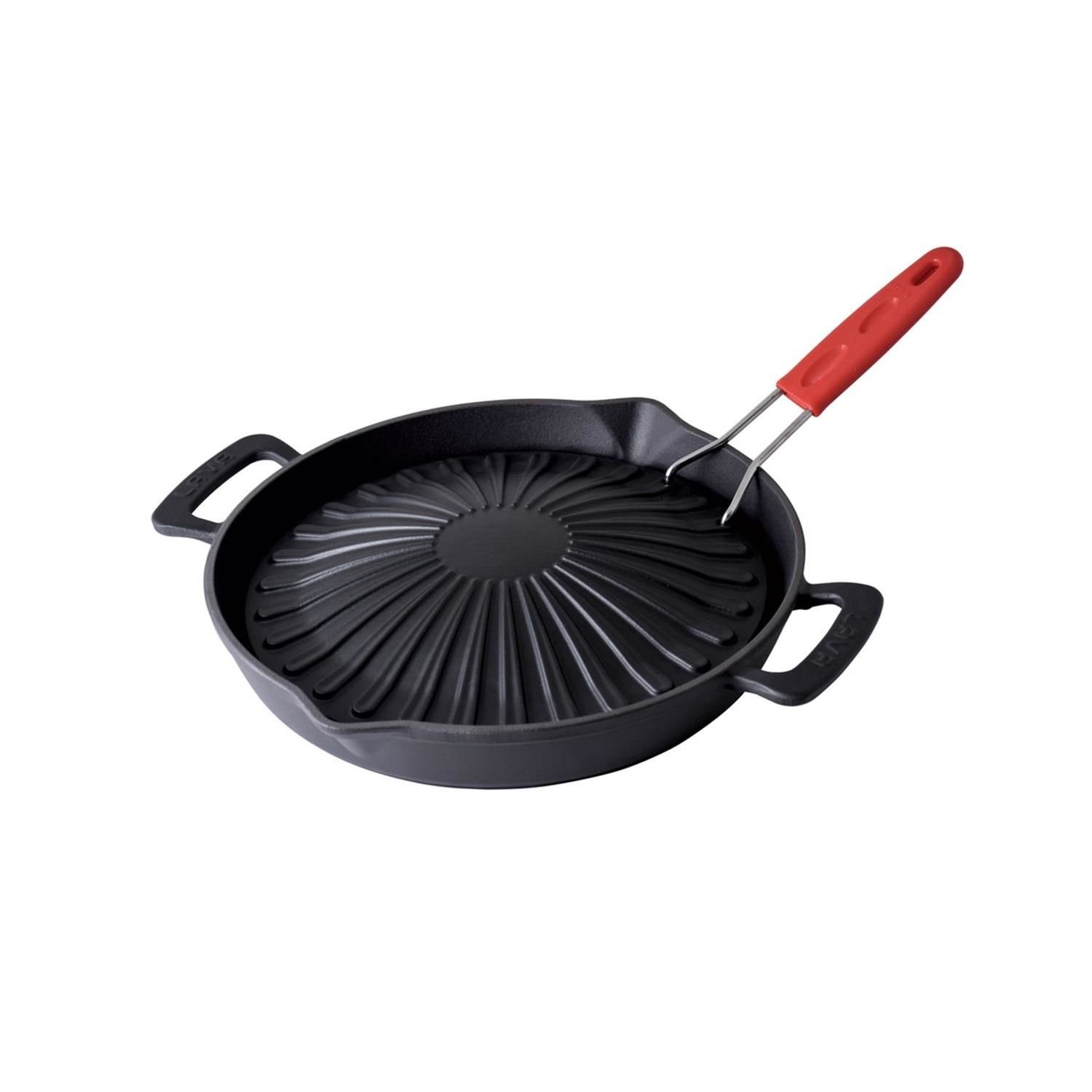 Lava Döküm Yuvarlak Grill Izgara Tavası Çap(Ø)32cm. Genghis Khan Serisi Çift Kulp ve Silikon Tel Saplı