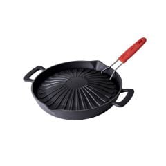 Lava Döküm Yuvarlak Grill Izgara Tavası Çap(Ø)32cm. Genghis Khan Serisi Çift Kulp ve Silikon Tel Saplı
