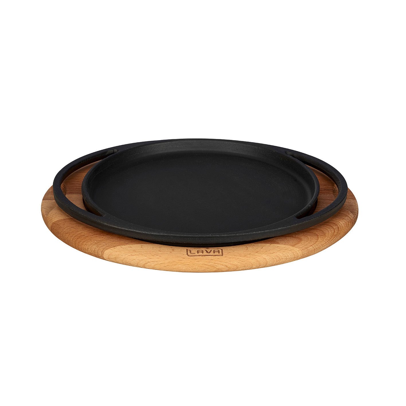 Lava Casting Round Pizza Crepe Pancake Pan Diameter (Ø) 20 cm. Cast Iron Solid Double Handle Beech Service Wood
