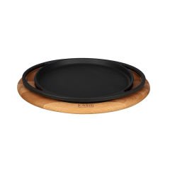 Lava Casting Round Pizza Crepe Pancake Pan Diameter (Ø) 20 cm. Cast Iron Solid Double Handle Beech Service Wood