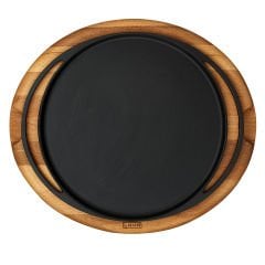 Lava Döküm Yuvarlak Pizza Krep Pankek Tavası Çap(Ø)28cm. Döküm Demir Yekpare Çift Kulplu Kayın Servis Ahşabı