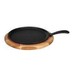 Lava Döküm Yuvarlak Pizza Krep Pankek Tavası Çap(Ø)20cm. Döküm Demir Yekpare Saplı Kayın Servis Ahşabı