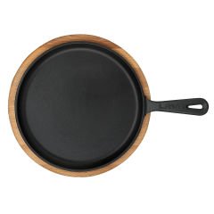 Lava Döküm Yuvarlak Pizza Krep Pankek Tavası Çap(Ø)26cm. Döküm Demir Yekpare Saplı Kayın Servis Ahşabı