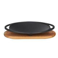 Lava Döküm Yuvarlak Saç Kavurma Tavası Çap(Ø)28cm. Döküm Demir Yekpare Çift Kulplu Kayın Servis Ahşabı