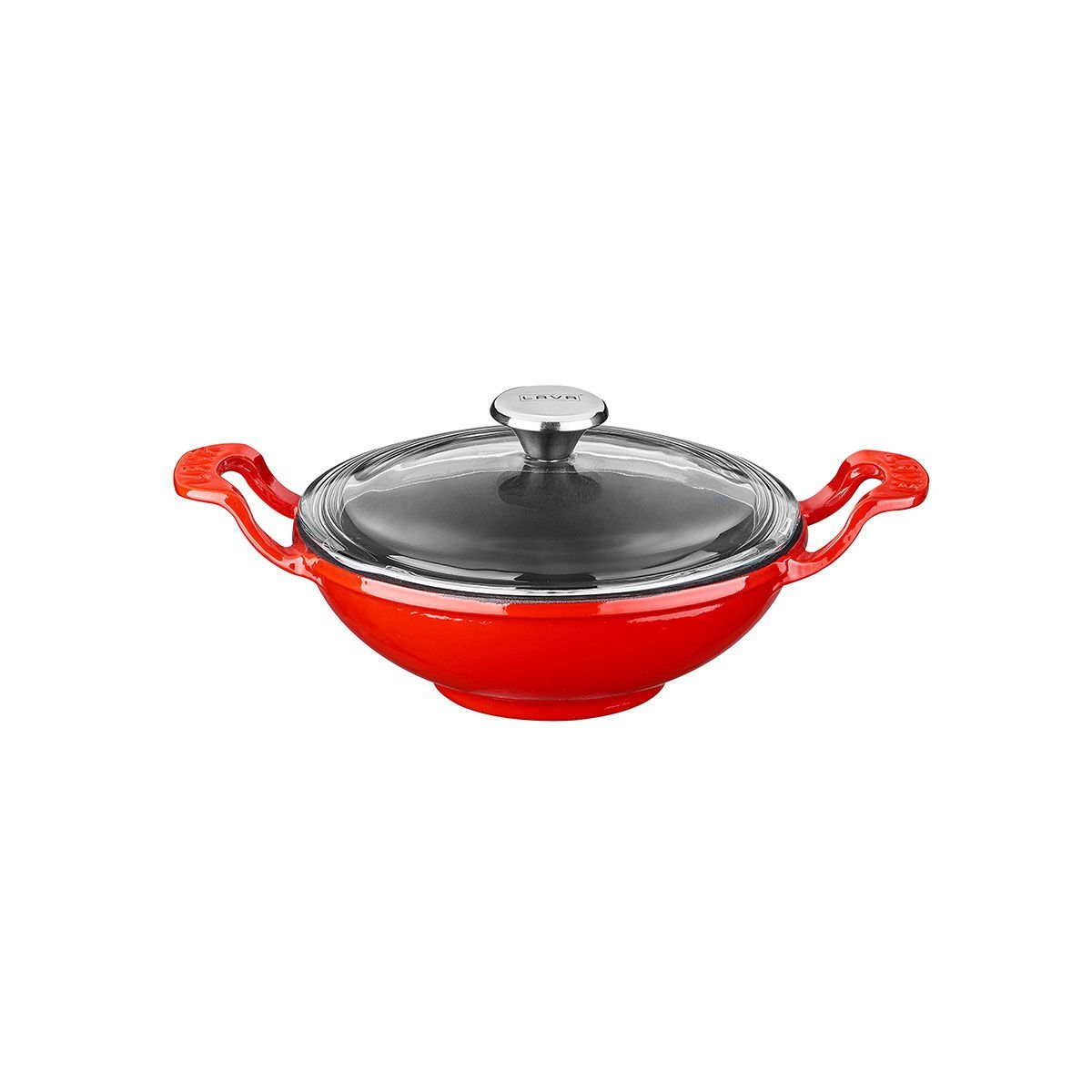 Lava Döküm Mini Wok Çap(Ø)16cm.  Yekpare Kulplu Cam Kapaklı - Kırmızı