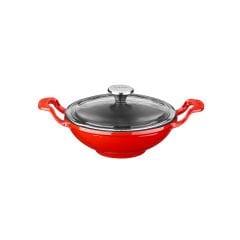 Lava Döküm Mini Wok Çap(Ø)16cm.  Yekpare Kulplu Cam Kapaklı - Kırmızı