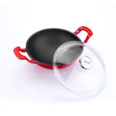 Lava Döküm Mini Wok Çap(Ø)16cm.  Yekpare Kulplu Cam Kapaklı - Kırmızı
