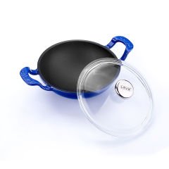 Lava Döküm Mini Wok  Çap(Ø)16cm.  Yekpare Kulplu Cam Kapaklı - Mavi
