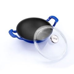 Lava Döküm Mini Wok  Çap(Ø)16cm.  Yekpare Kulplu Cam Kapaklı - Mavi