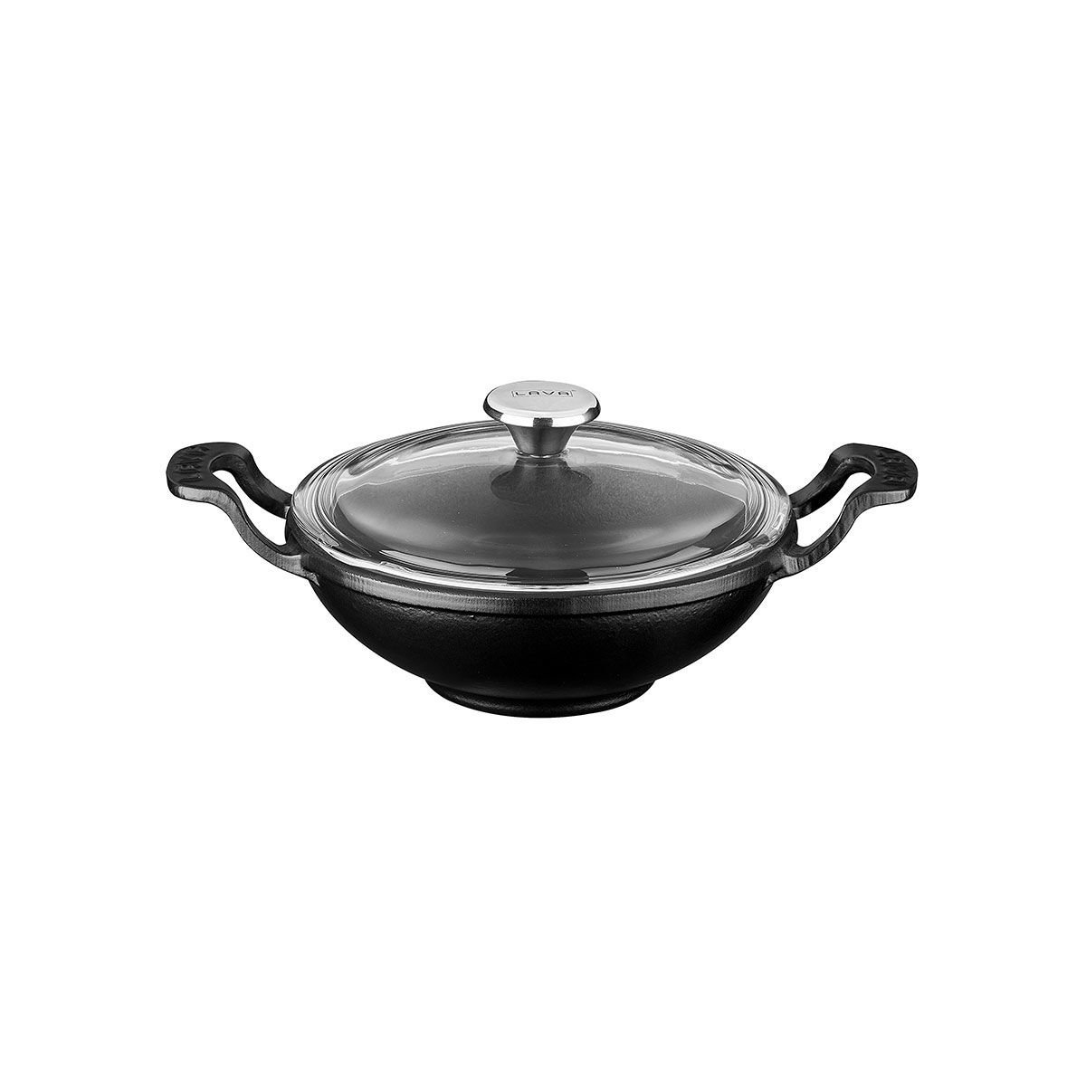 Lava Döküm Mini Wok  Çap(Ø)16cm.  Yekpare Kulplu Cam Kapaklı - Siyah