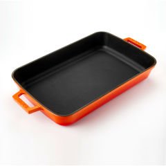 Lava Döküm Dikdörtgen Rosto ve Fırın Tepsisi Ölçü 26x40cm. Döküm Demir Yekpare Çift Kulplu - Turuncu