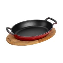 Lava Döküm Oval Sahan Ölçü 27x20cm. Döküm Demir Yekpare Çift Kulplu Kayın Servis Ahşabı - Kırmızı