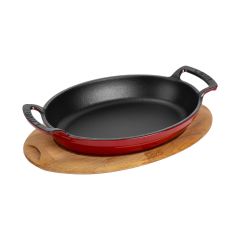Lava Döküm Oval Sahan Ölçü 27x20cm. Döküm Demir Yekpare Çift Kulplu Kayın Servis Ahşabı - Kırmızı