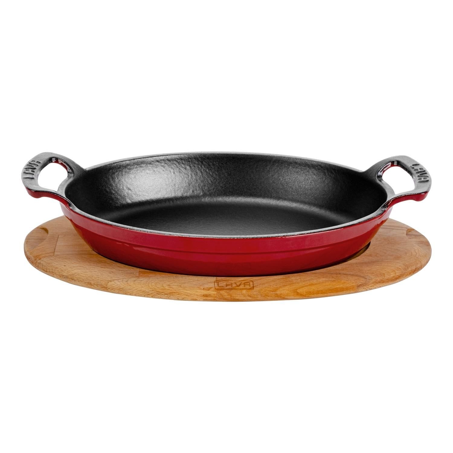 Lava Döküm Oval Sahan Ölçü 27x20cm. Döküm Demir Yekpare Çift Kulplu Kayın Servis Ahşabı - Kırmızı