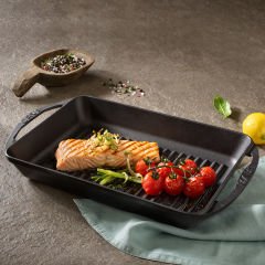 Lava Döküm Dikdörtgen Izgara Tavası Ölçü 22x32cm. Döküm Demir Yekpare Kulplu - Kırmızı