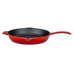 Lava Döküm Yuvarlak Izgara Tava Çap(Ø)28cm. Döküm Demir Yekpare Saplı - Kırmızı